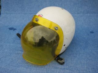 Vintage 1960s Bell Toptex 500 Tx White Motorcyle Helmet Yellow Bubble Visor