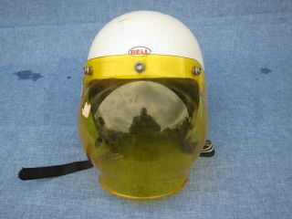 Vintage 1960s Bell Toptex 500 TX White Motorcyle Helmet Yellow Bubble Visor 2