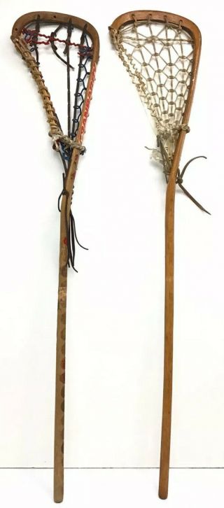 2 Vintage Cranbarry Wood Wooden Lacrosse Sticks Made In England 42 " & 43 1/2 "