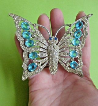 Huge Vintage Art Deco Clear Blue Topaz Rhinestone Milgrain Butterfly Brooch Pin