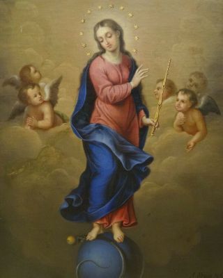 Fine 19th Century German School Old Master Madonna Virgin Antique Oil Painting