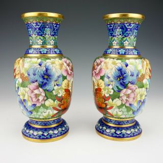 Vintage Chinese Cloisonne - Oriental Flower Decorated Vases