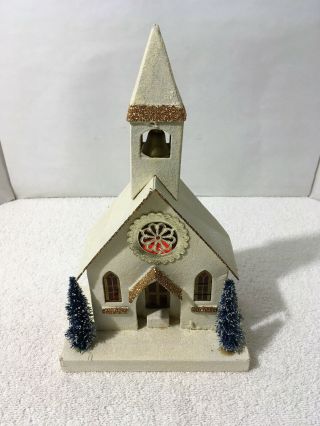 Vintage Putz Church Christmas Village Cardboard Mica Blue Sisal Trees Bell Japan