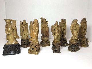 Complete Antique Set Of Immortals Chinese Hand Carved Stone Statues