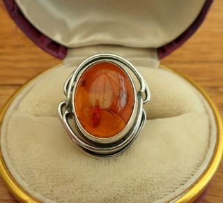 Vintage Jewellery Large Silver Amber Cabochon Ring