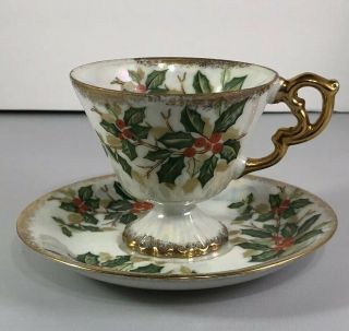 Vintage Ucagco Japan Tea Cup and Saucer Holly Berry Iridescent Set 2