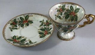 Vintage Ucagco Japan Tea Cup and Saucer Holly Berry Iridescent Set 3