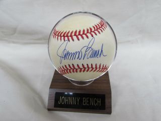 Johnny Bench Autographed N.  L.  Baseball In Wood Base & Nameplate Sgc Authentic