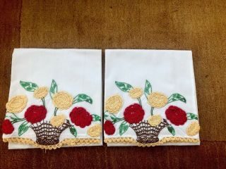 Floral Vintage Raised Hand Embroidered Basket Of Flowers Pillowcases