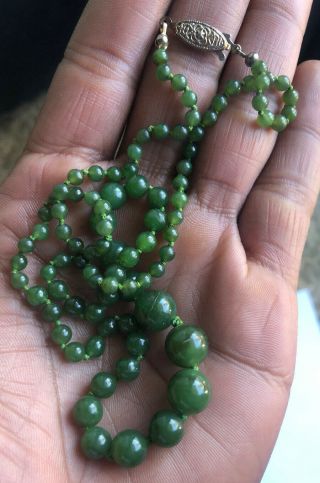 Antique Chinese Apple Green Jade Jadeite Hand Knotted Bead Necklace From 1800s
