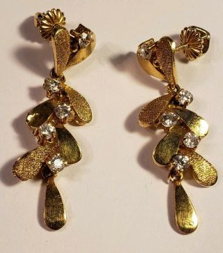 Vintage Screw Back Solid 18k Yellow Gold & Clear Sapphire Dangle Leaf Earrings