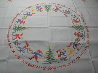 Vtg.  Swedish Christmas Hand - Embroidered Tablecloth - Christmas Song Children