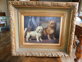 Antique Oil Painting - Portrait 2 Terrier Spaniel Dogs - Signed Henry Carlson