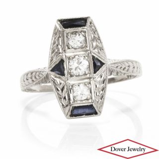 Antique Deco Diamond Sapphire 18k White Gold Filigree Ring Nr