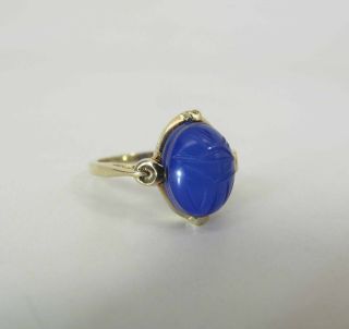 Vintage 10k Gold 4.  42 Carat Carved Blue Chalcedony Scarab Ring