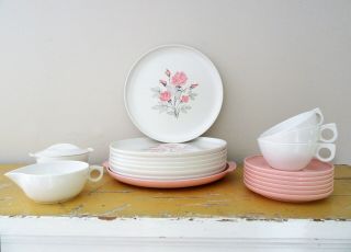 Vintage Melmac “aztec " Pink White Rose Melamine Mcm Set Plates Cups Sugar Cream