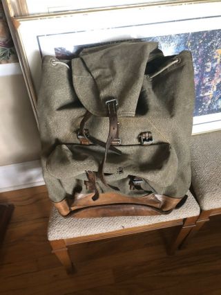 Vintage 1968 Swiss Army Military Canvas & Leather Rucksack Backpack