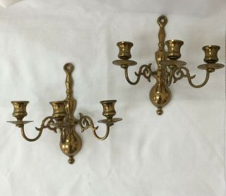 Vintage Wilton Brass Candle Wall Sconces Three Arm Set Of 2