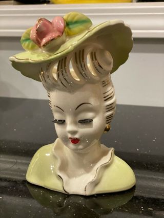 Vintage Napco Lady Head Vase 6” Lime Green And Gold Trim