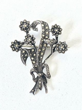 Vintage 30/40s Sterling Silver & Marcasite Bunch Of Flowers Brooch In Gift Box