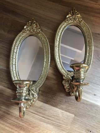 Vintage Mirrored Wall Sconce Candle Holder Pair Gold Hollywood Regency Ornate