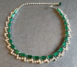 Vintage Kramer Signed Emerald Green And Clear Rhinestone Necklace