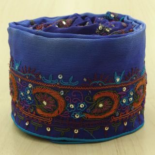 Vintage Saree Border Indian Wrap Ribbon Embroidered Sewing Blue Trim 1yd