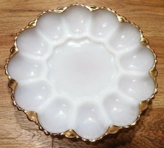 Vintage White Milk Glass With Gold Trim Deviled Egg 10 " Tray Plate Dish