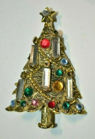 Vintage Hollycraft Rhinestone Costume Gold Tone Christmas Tree Brooch Pin
