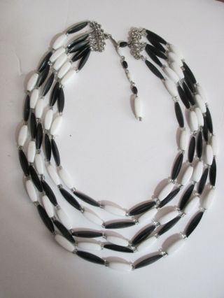 Vtg Signed Hobe Multi Strand Necklace Black White Op Art Oblong Plastic Beads