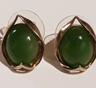 Vintage Gold Over Sterling Silver Natural Green Jade Cabochon Earrings
