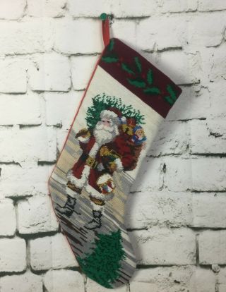 Vintage Needlepoint Christmas Santa Claus Toy Present Hanging Stocking Completed