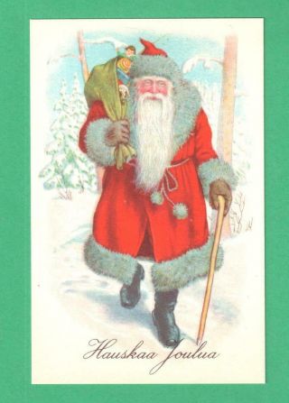 Vintage Finnish Christmas Postcard Santa Claus Sack Toys Cane Snow