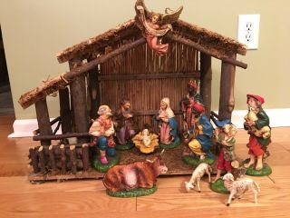 Vintage Nativity Set Creche And Figures Made In Italy Great Cond.