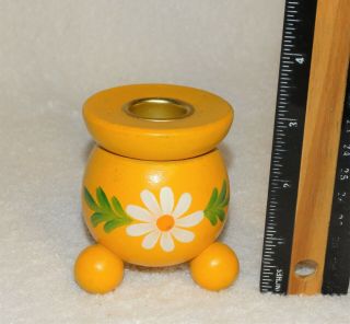 Vintage Swedish Yellow Wood Ball Candle Holder Painted White Daisy Flower 2 7/8 "