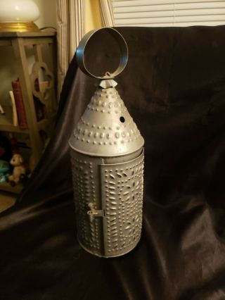 Vintage Punched Tin Hanging Candle Lantern
