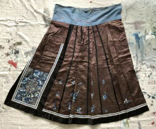 Antique Chinese Brown Silk Embroidered Wedding Skirt Floral Symbols Qing Dynasty