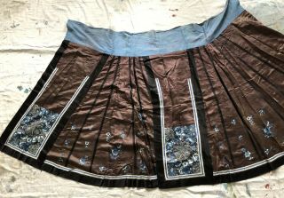 Antique Chinese Brown Silk Embroidered Wedding Skirt Floral Symbols Qing Dynasty 3