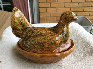 Vintage Ceramic Hand Pained Chicken Hen On Nest Yellow Brown Speckle Candy Dish
