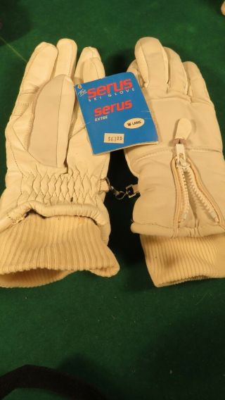 Vintage Ladies Serus Brand Winter Ski Gloves / Leather Palms,  White.  Large