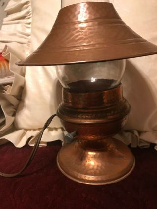 Vintage Hand Hammered Copper Small Table Lamp W/ Keresome Glass Shade