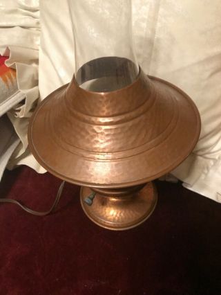 VINTAGE HAND HAMMERED COPPER SMALL Table Lamp W/ Keresome Glass Shade 3