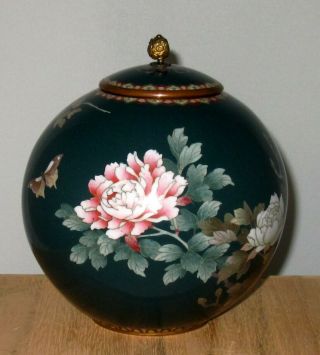 Large Meiji Japanese Cloisonne Covered Jar Vase Butterflies Floral - Silver Wire