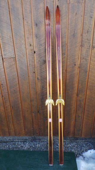 Antique Wooden 72 " Skis Has Brown Finish Signed Splitkein