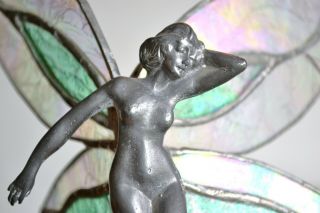 Vintage Female Art Deco Dancing Nude Fairy Butterfly Stained Glass W/ Cabochons