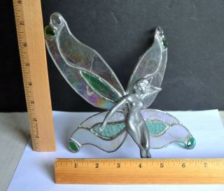 Vintage Female ART DECO Dancing NUDE FAIRY Butterfly Stained Glass w/ Cabochons 2
