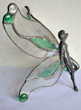 Vintage Female ART DECO Dancing NUDE FAIRY Butterfly Stained Glass w/ Cabochons 3