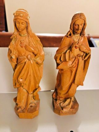 Hand Carved Handmade Olive Wood Statue Of Sacred Heart Of Jesus & Mary (2) Vtg