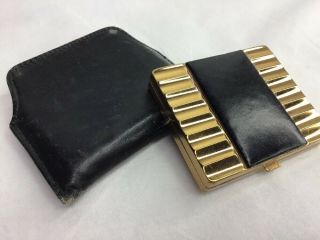 Vintage Gold - Tone And Black Leather Powder Compact In Leather Case Majestic Usa