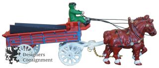 Antique Cast Iron 2 Horse Drawn Red & Blue Beer Wagon W/ Driver Toy